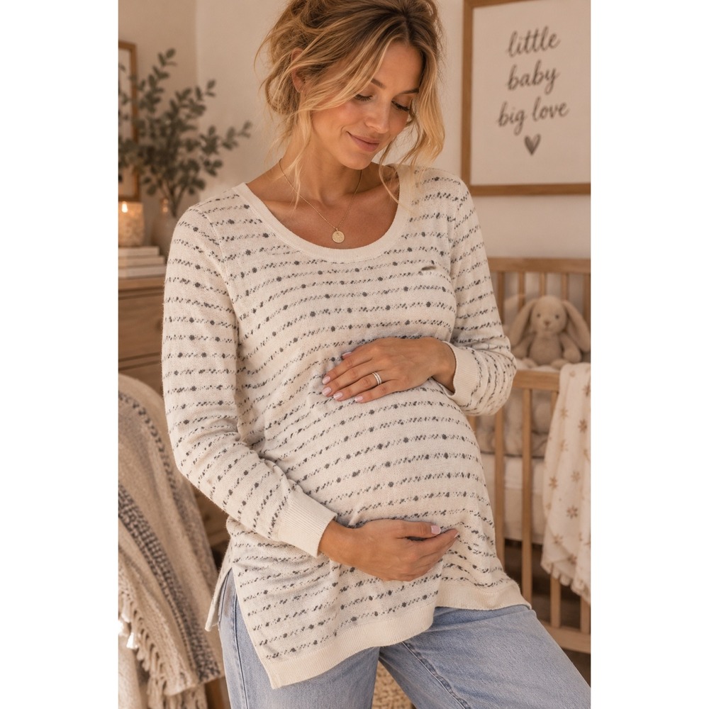 Motherhood Maternity Small Cream Gray Striped Dotted Long Sleeve Knit Top 99373